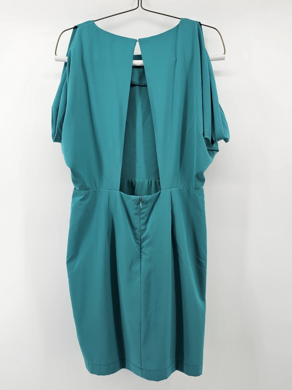 C. Luce Teal Cold Shoulder Pleated Sheath Mini Dress Keyhole Back Size M - Picture 3 of 7